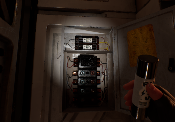 The fusebox of the ship, opened, flashlight shining. Of note is the new hand model in the lower right corner of the screen, gripping a spare fuse.
