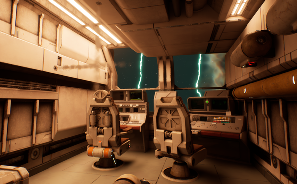 Cabin interior. On the left wall and ceiling are holes that seem to be letting in or out some gas. Through the front glass we can see electricity arcing around the ship. Things are not fine.
