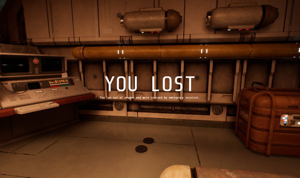 End-of-game screen showing the message "You Lost" with the explaination under it "You ran out of oxygen and were rescued by emergency services."