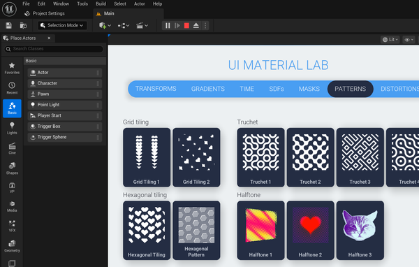 A screen capture from the UI Material Lab example project in Unreal that shows of several material effects for Unreal Motion Graphics.