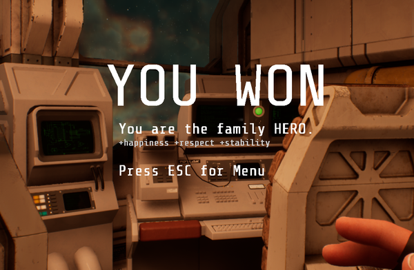 The ending screen of Running Late, showing "You Won" in large bold letters, and underneath, "You are the family HERO." Under that, "+happiness +respect +stability" and Press "ESC for Menu."