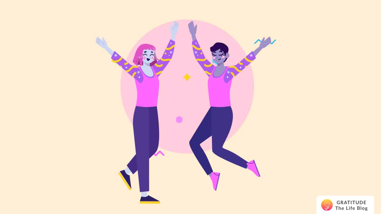 This is an image of two people jumping with positive thoughts