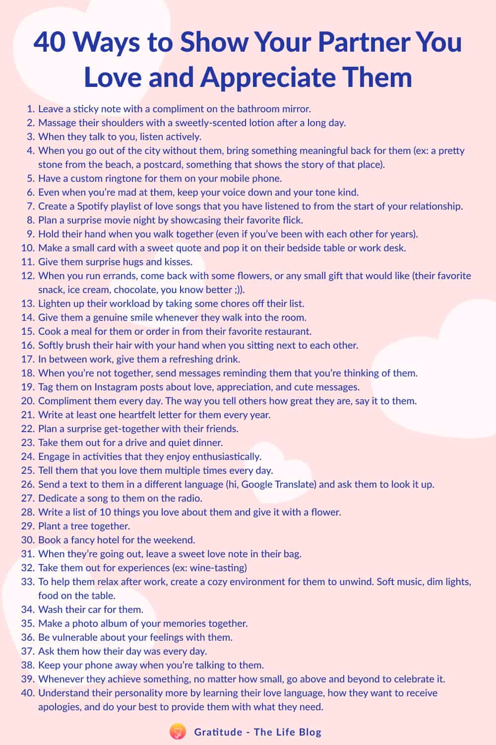 Image with the list of 40 ways to show your partner you love and appreciate them.