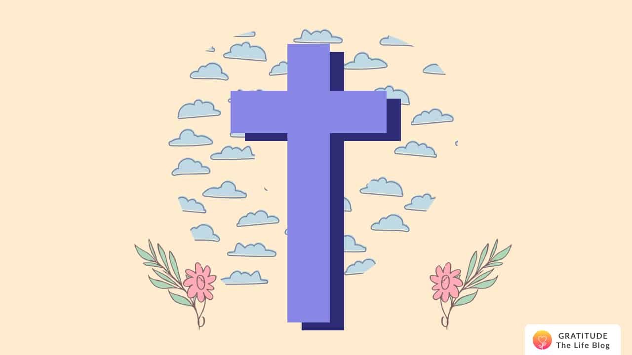 Image with illustration of Christian cross, clouds behind it, and two flowers at its sides