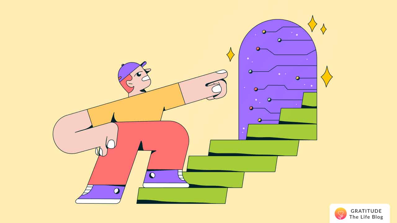 Image with illustration of a person climbing up stairs