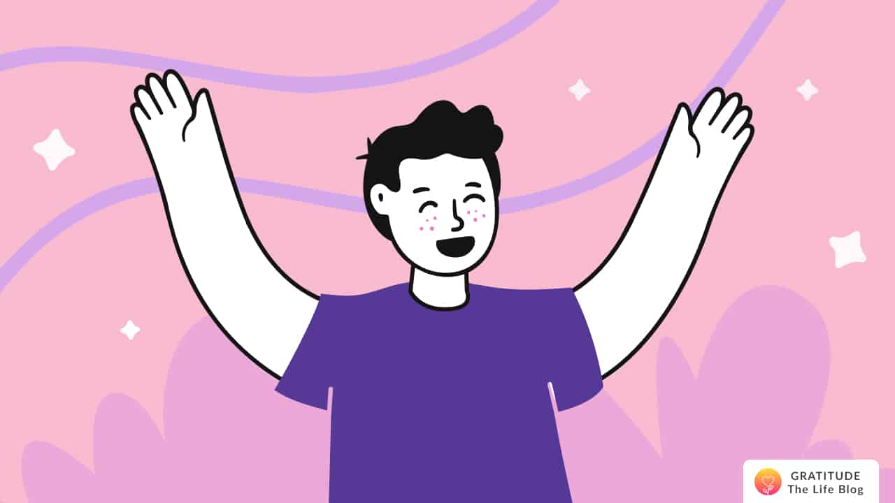 Image with illustration of a person laughing with their arms raised