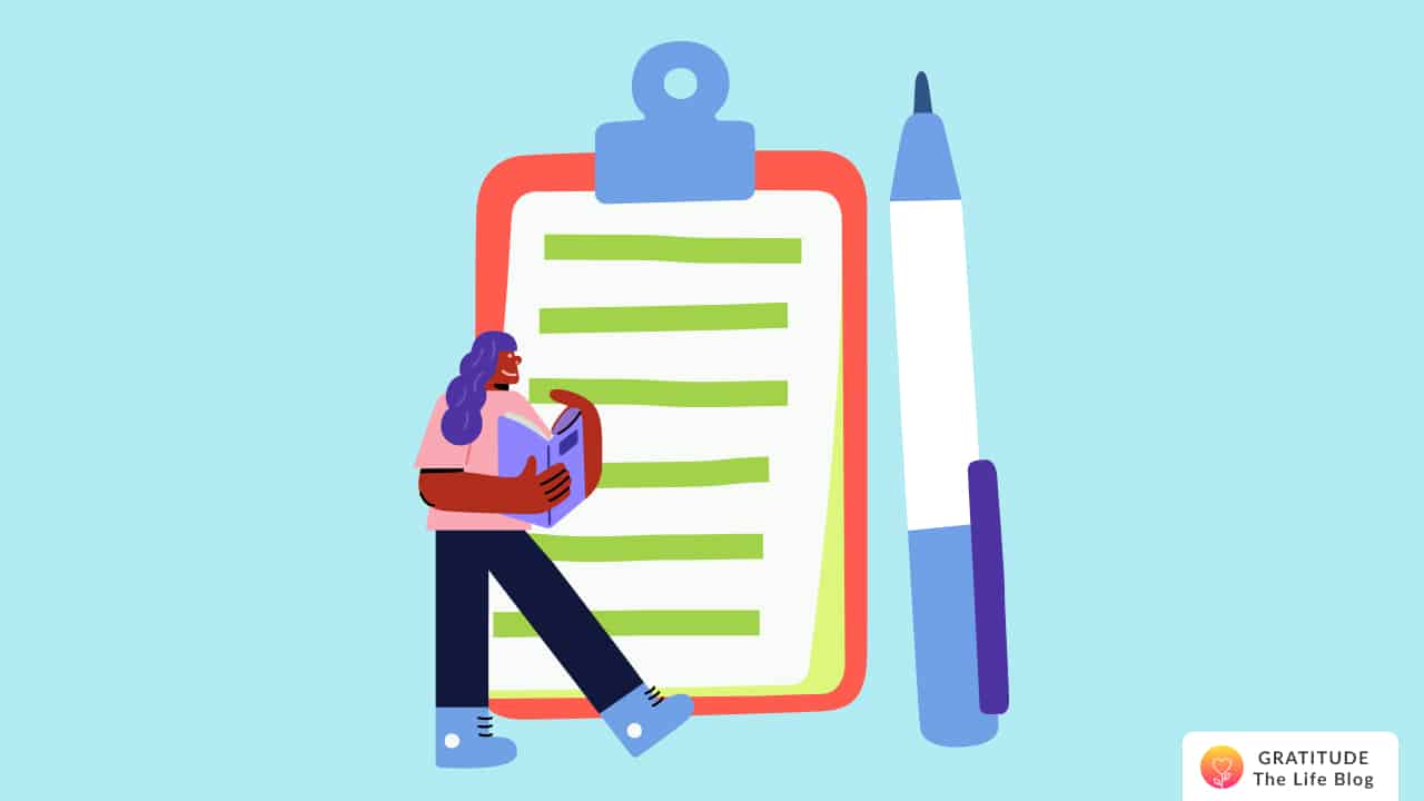 Image with illustration of a person standing next to a notepad with gratitude journal prompts and a pen