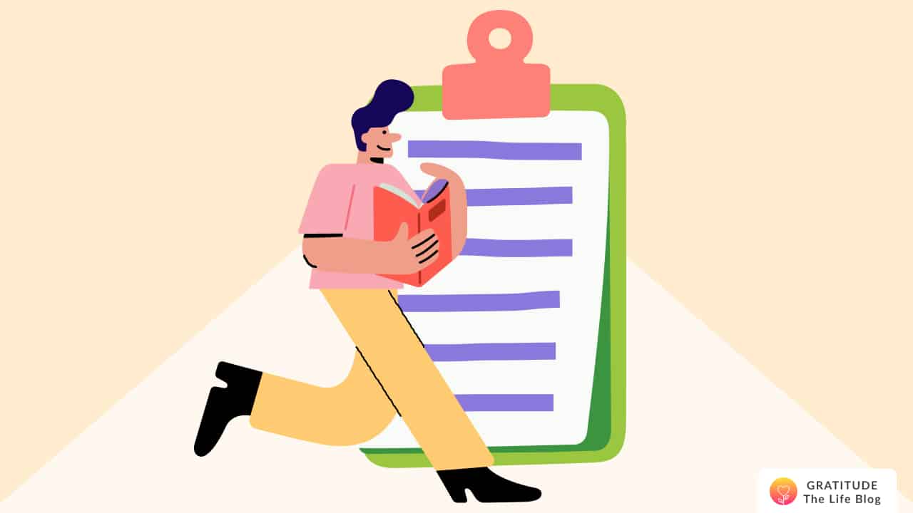 Image with illustration of a person in front of a gratitude journal template