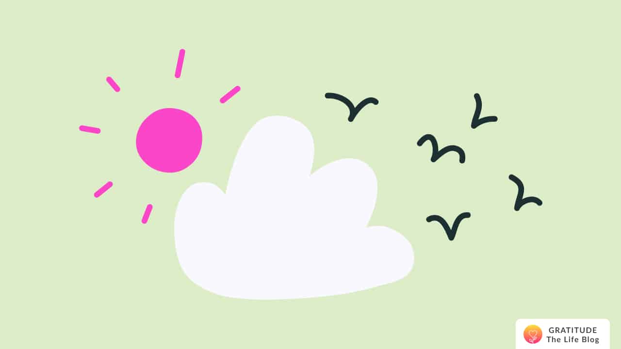 Image with illustration of a sun, cloud, and birds.