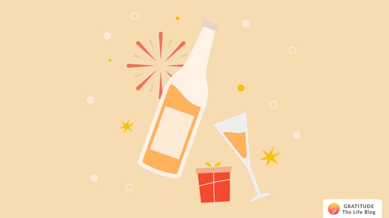 Image with illustration of bottle, wine glass, and a wrapped gift