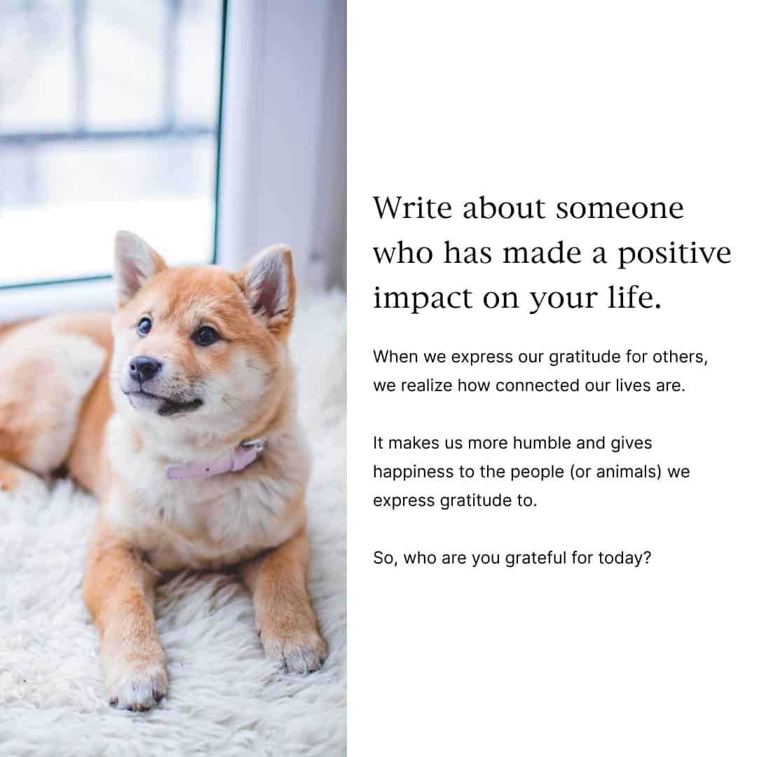 Image with a journal prompt for mental health - Write about someone who has made a positive impact on your life