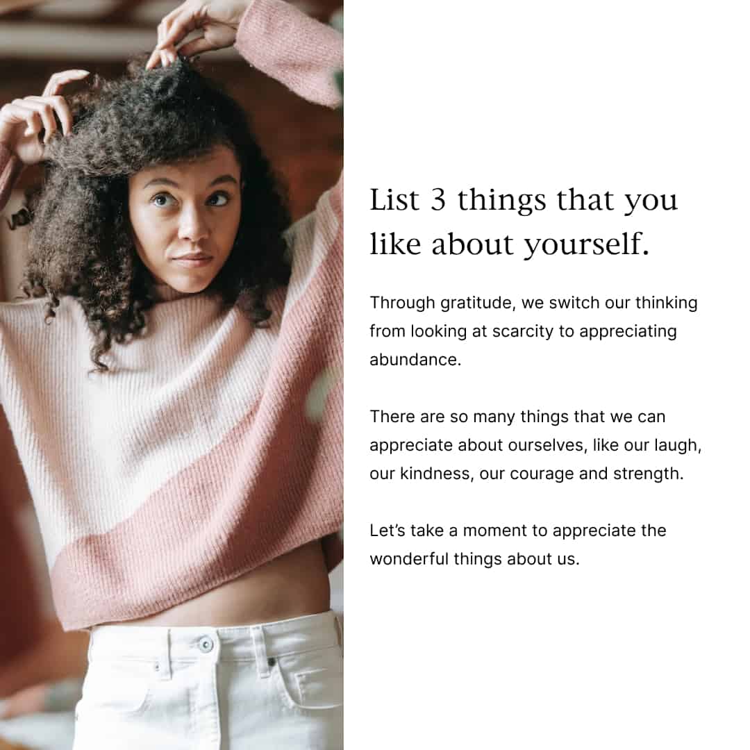 Image with a journal prompt for mental health - List 3 things that you like about yourself