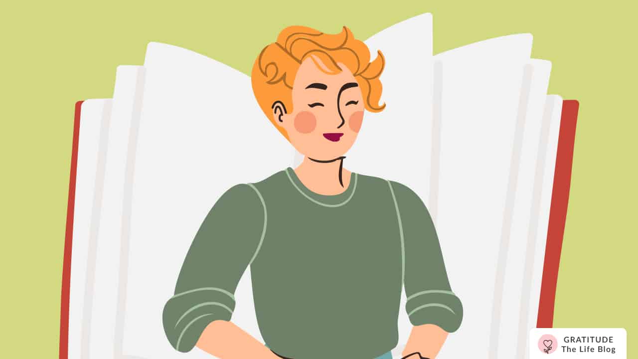 Image with illustration of a teacher with a large open book at the back