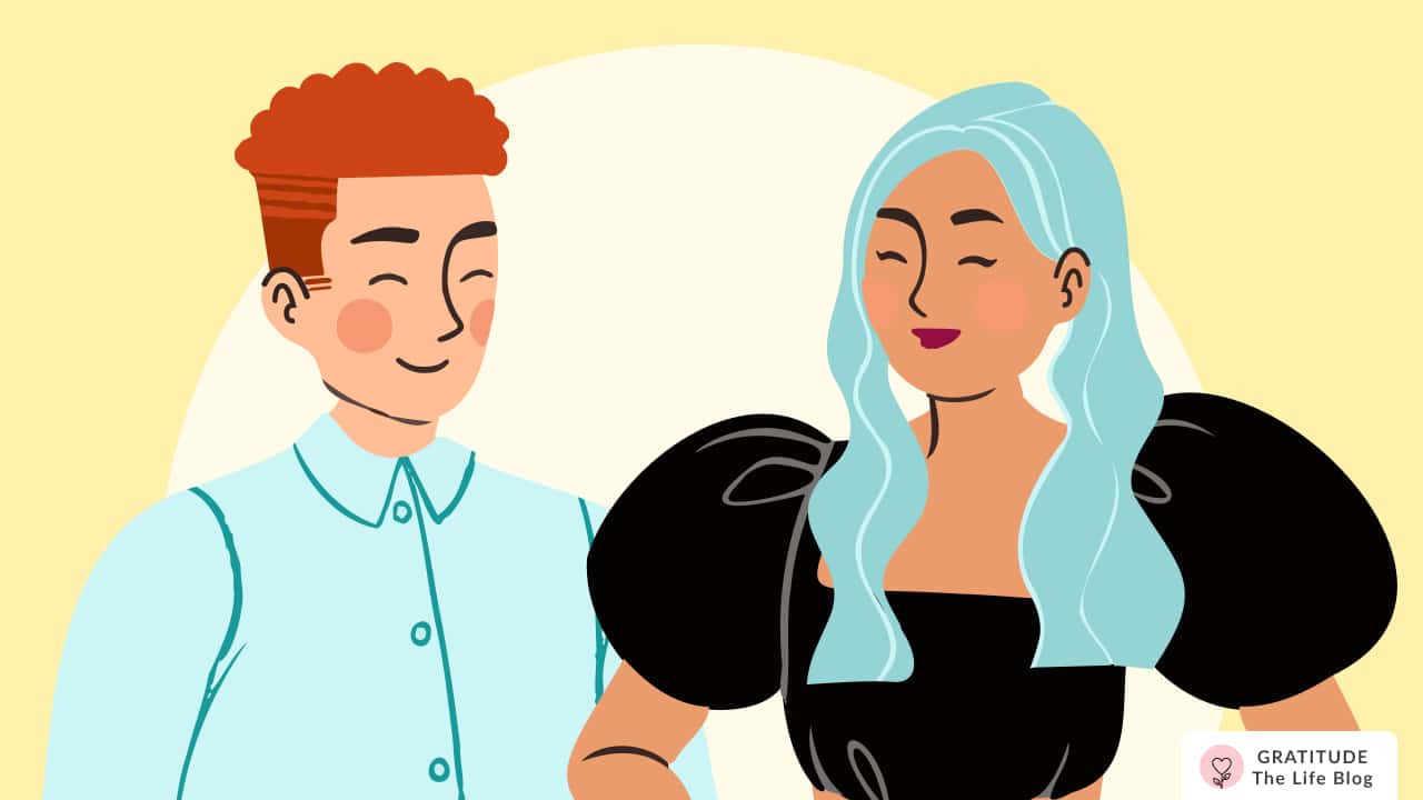 Image with illustration of a man and woman looking at each other