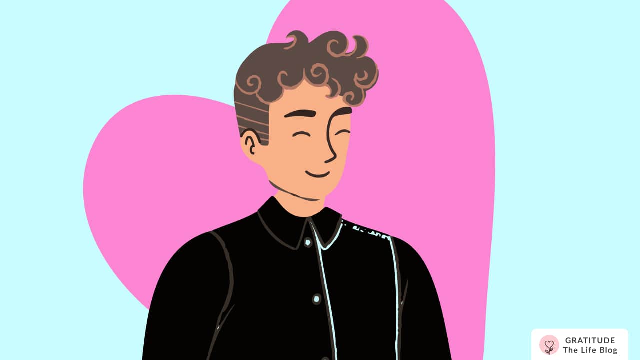 Image with illustration of a man smiling with a pink heart behind him