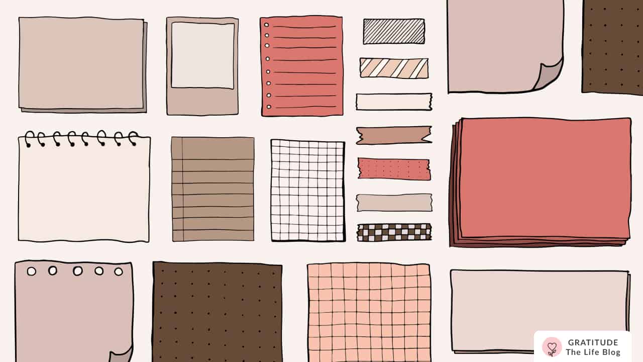 Image with illustrations of many notes and journals
