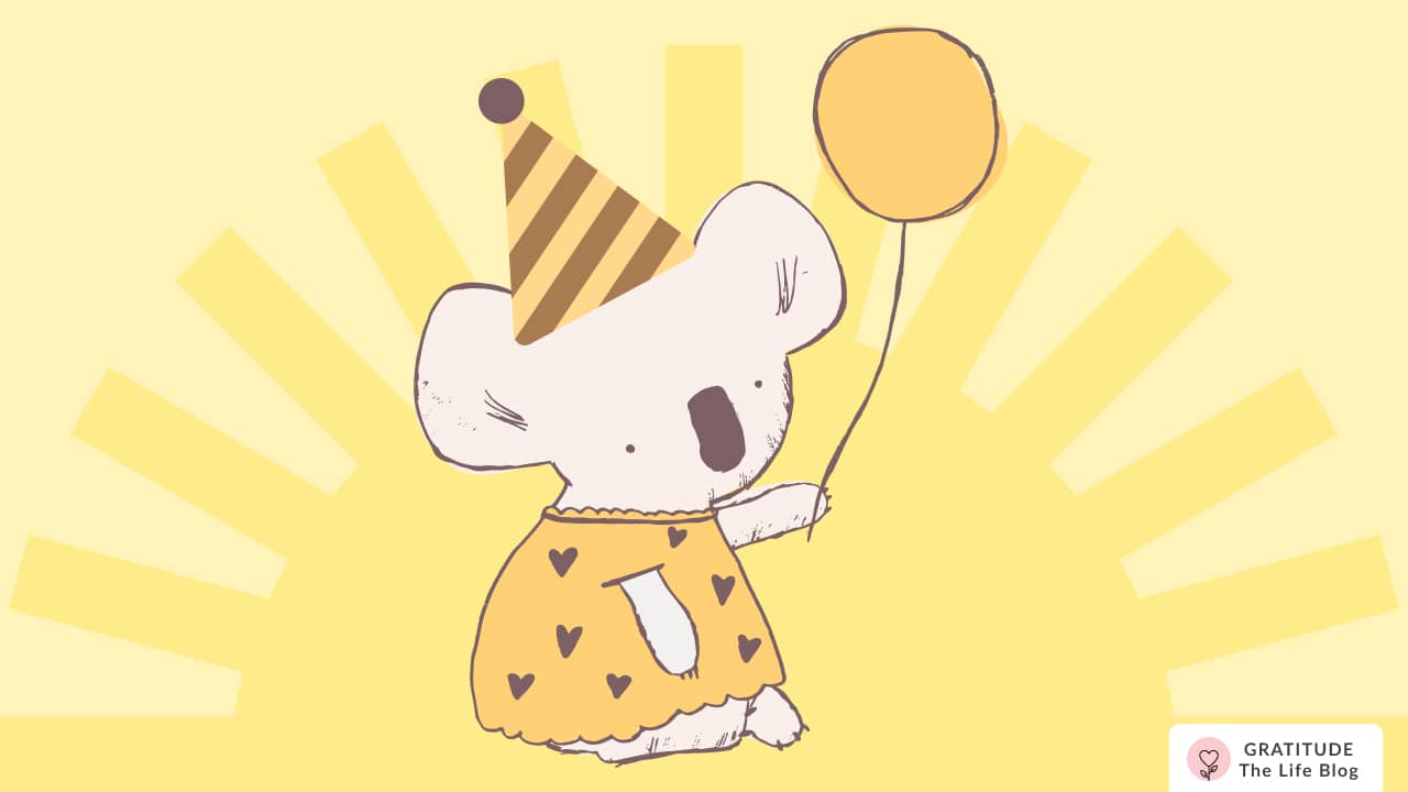 Image with illustration of a koala holding a balloon