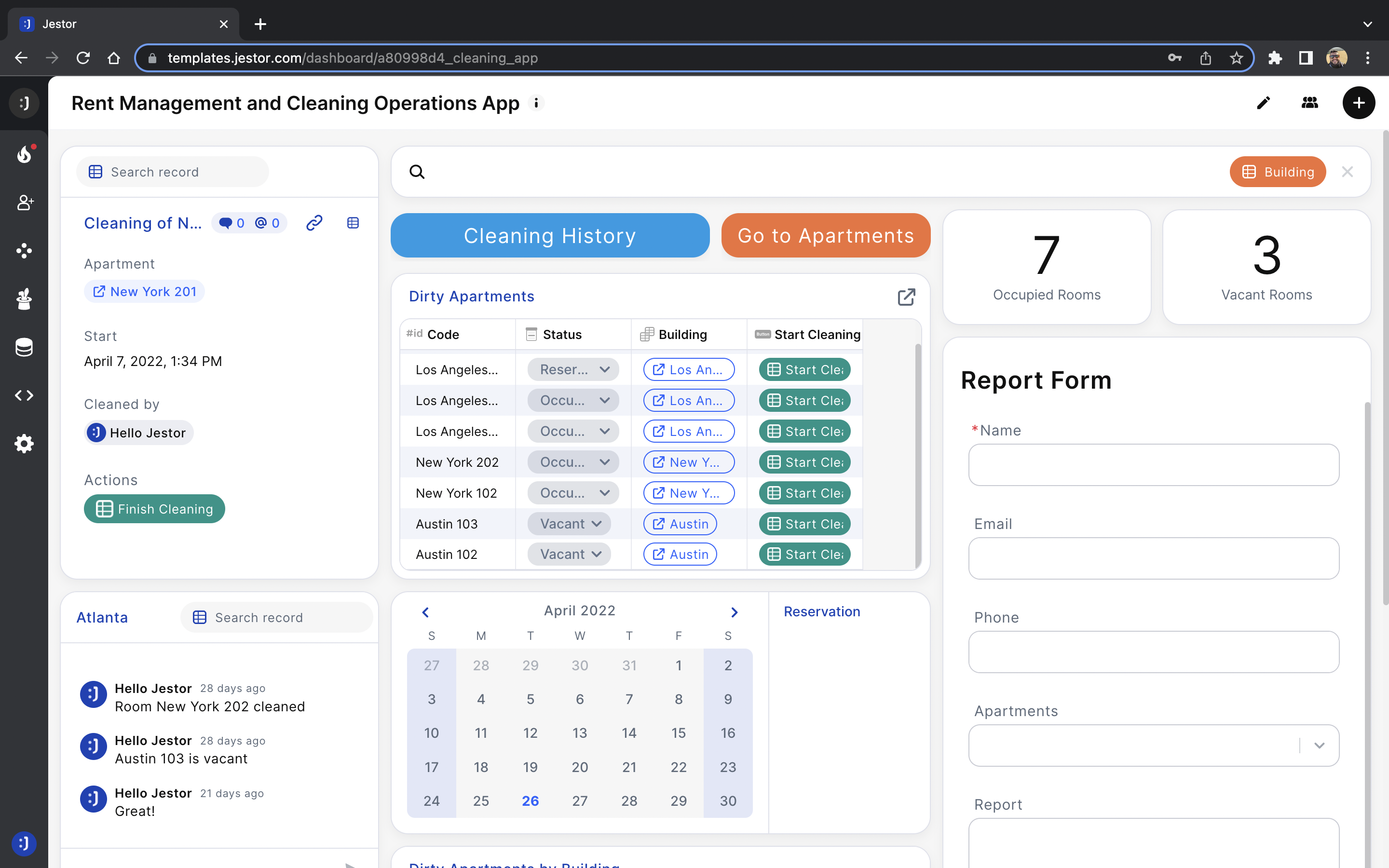 Dashboard e componentes do Jestor