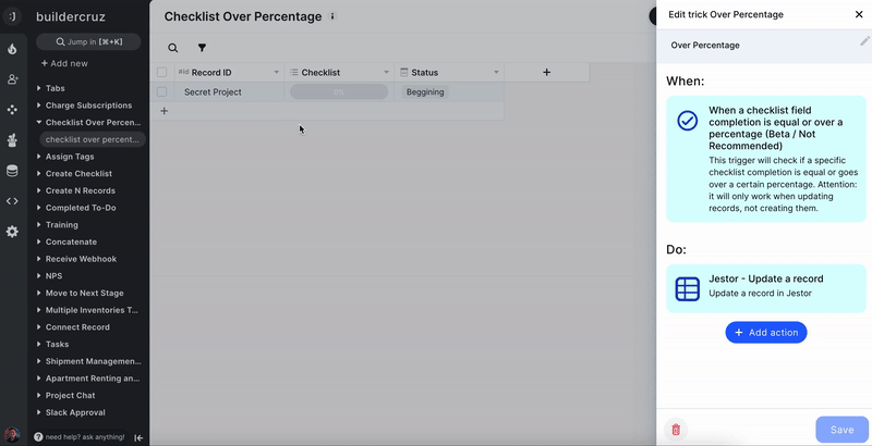New no-code automation: When a checklist field completion is equal or over a percentage