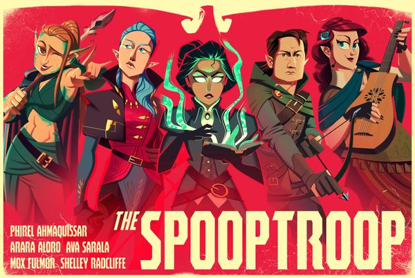 Ava, book open and eyes aglow, at the center of a stylized illustration of five PCs.