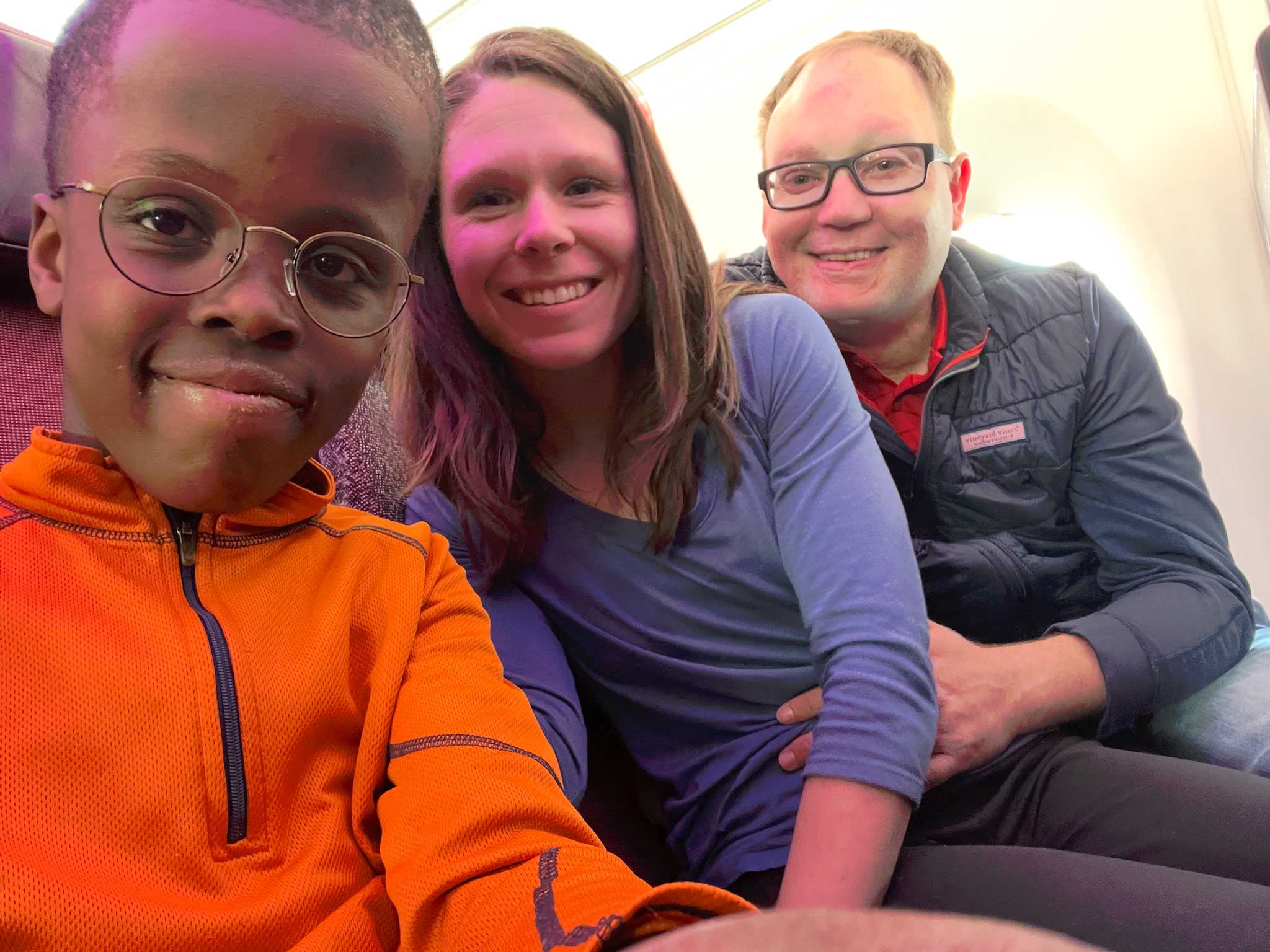 John, Stevie and Robert in Virgin Atlantic economy class.