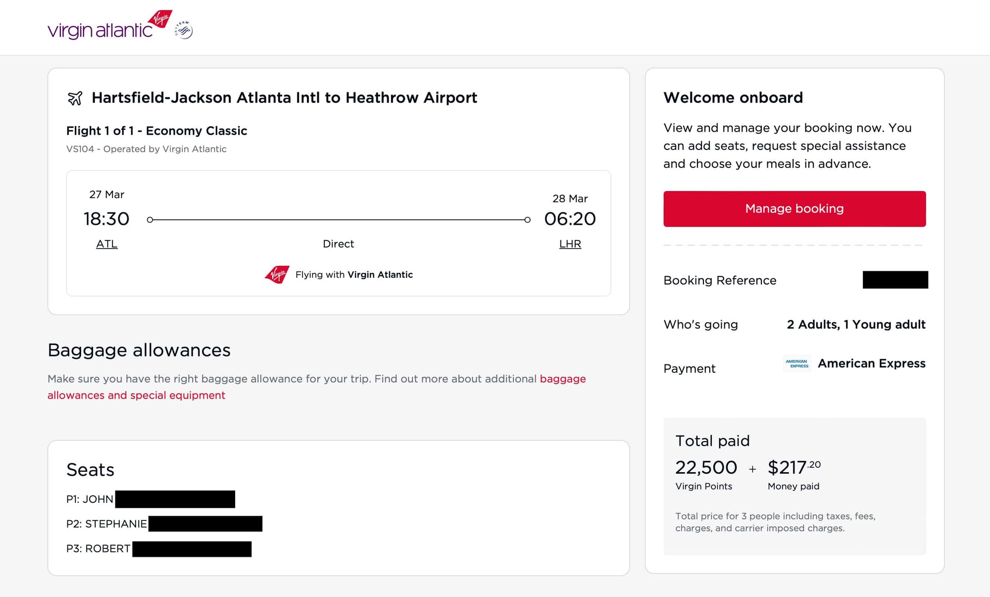 Screenshot of Virgin Atlantic booking confirmation page featuring a total cost of 22,500 airline miles plus about two hundred dollars.