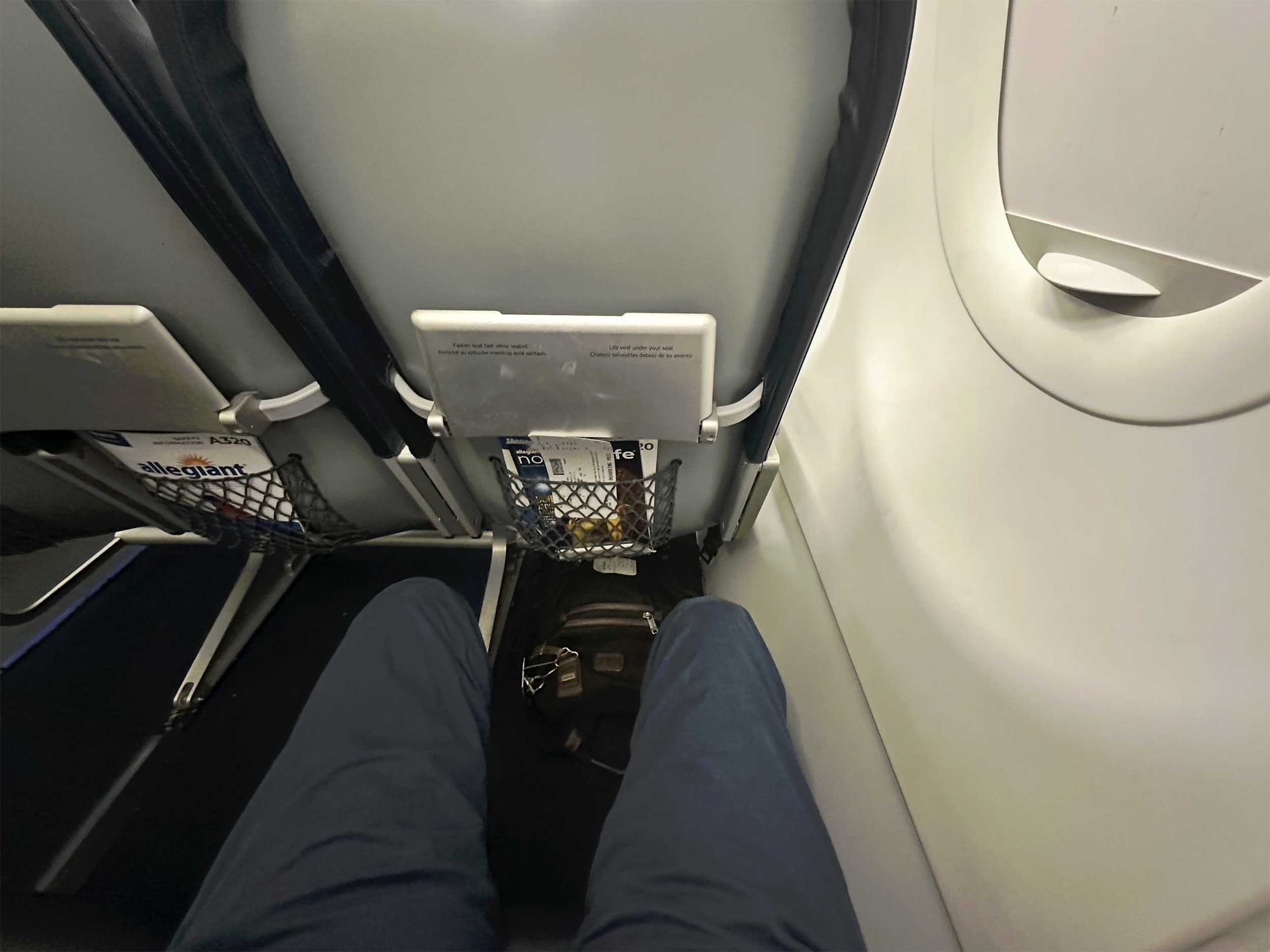Legroom in Allegiant Airbus A320 aircraft extra space seat.
