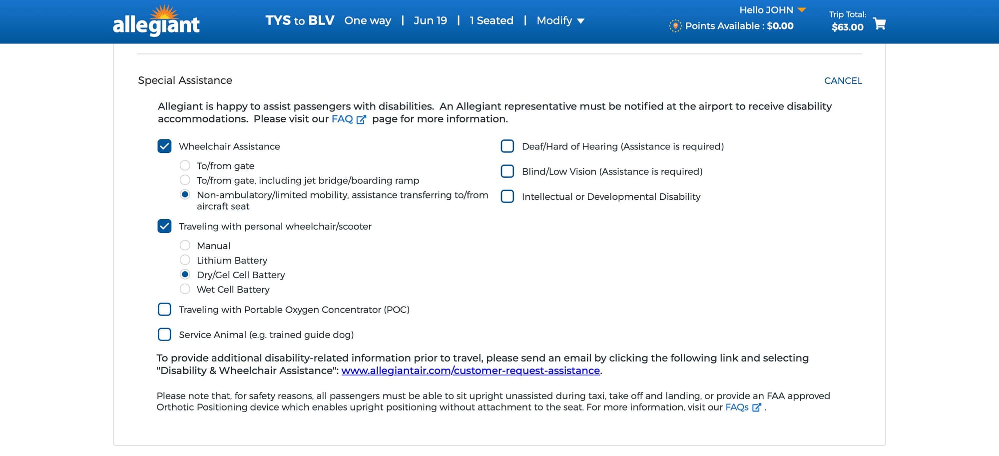 Screenshot of wheelchair assistance request on Allegiant website.