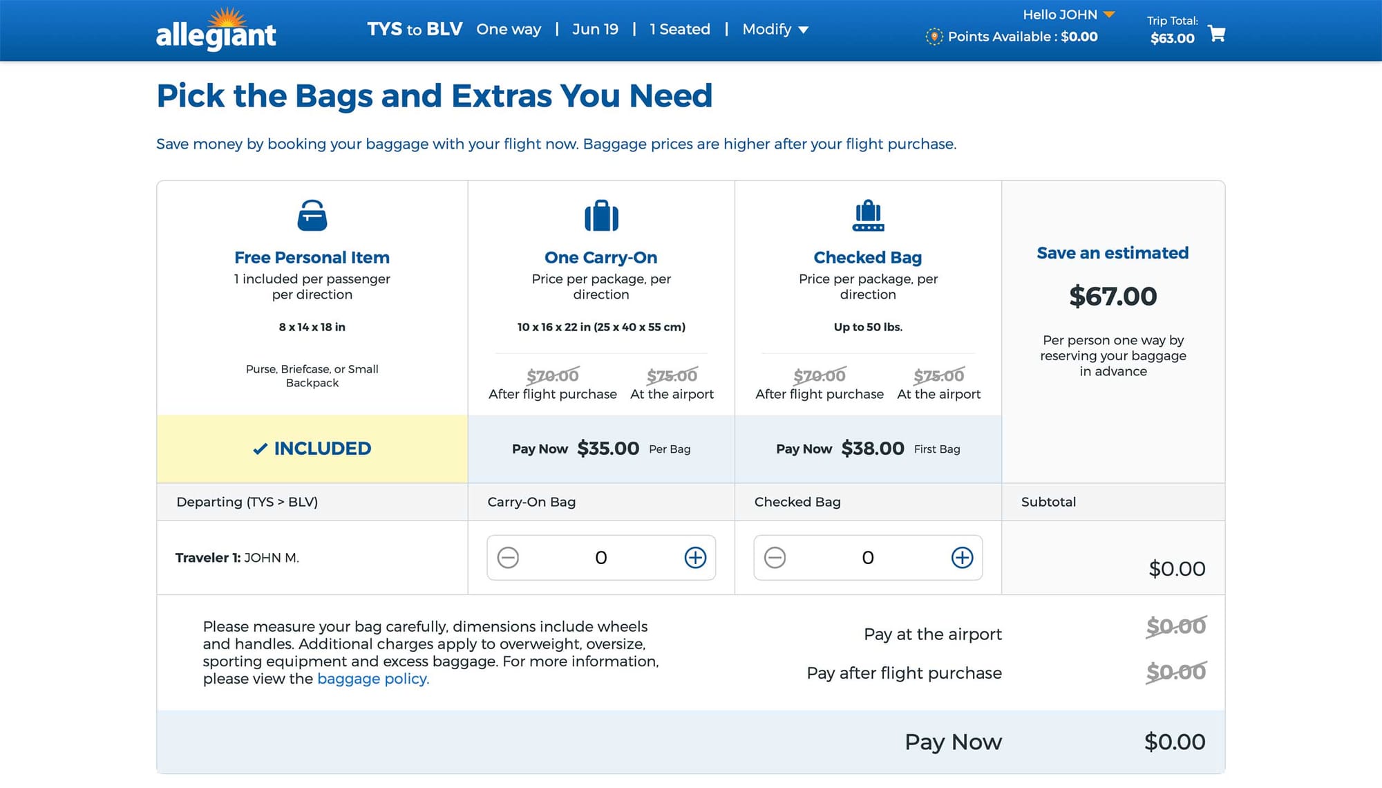 Screenshot of baggage fees on Allegiant Air.
