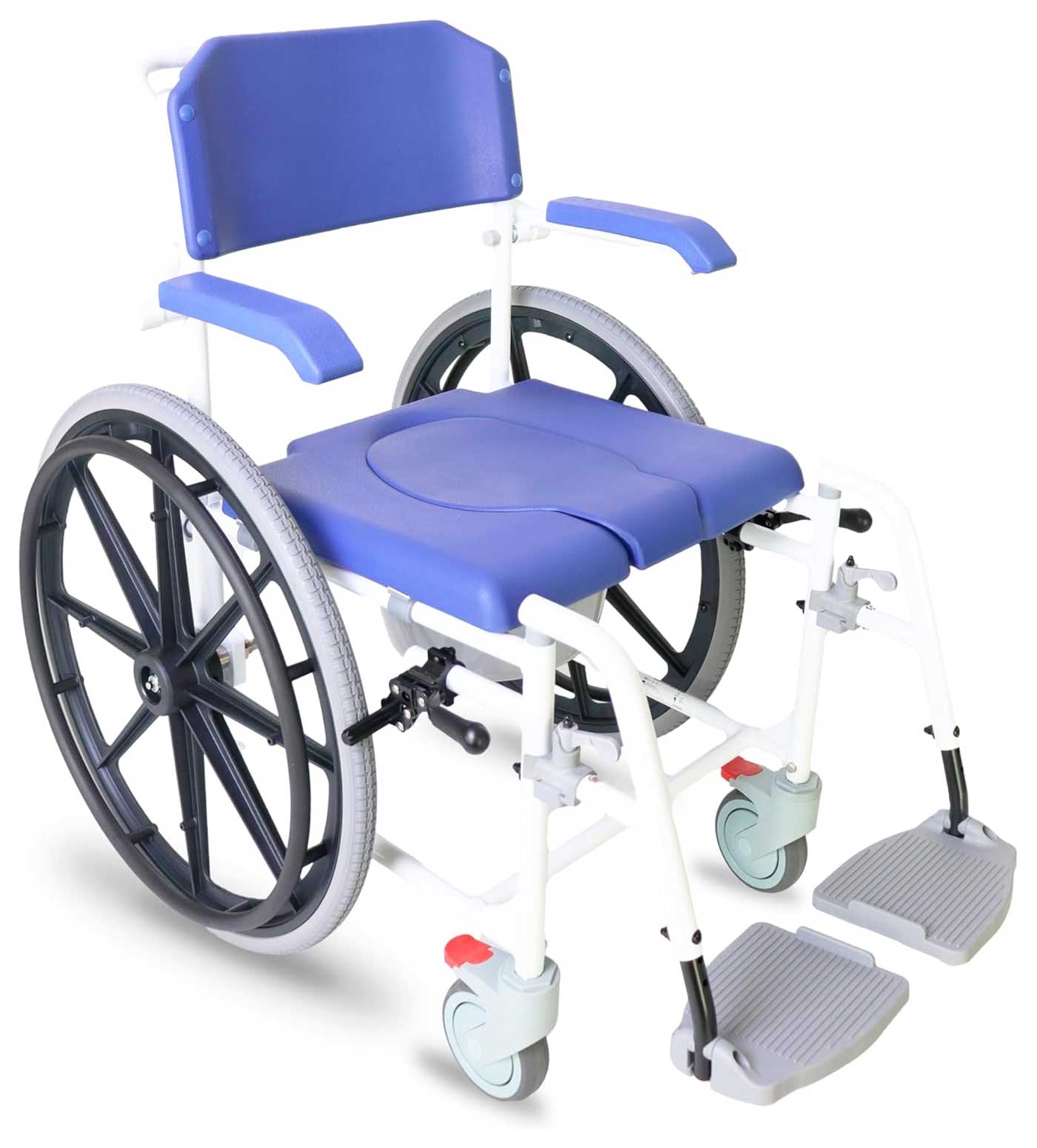 Self-propelled shower wheelchair.