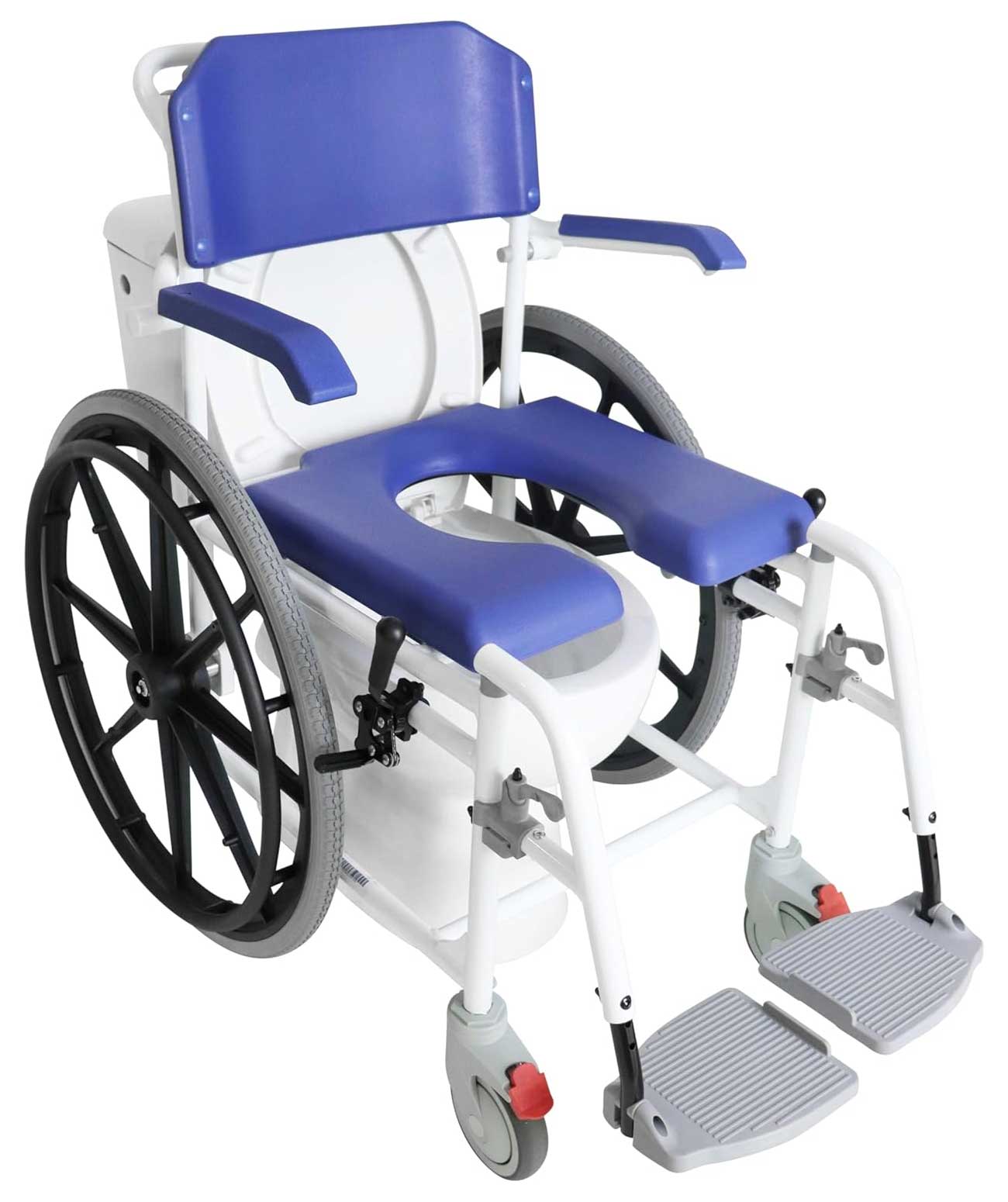 Shower wheelchair in position over toilet.