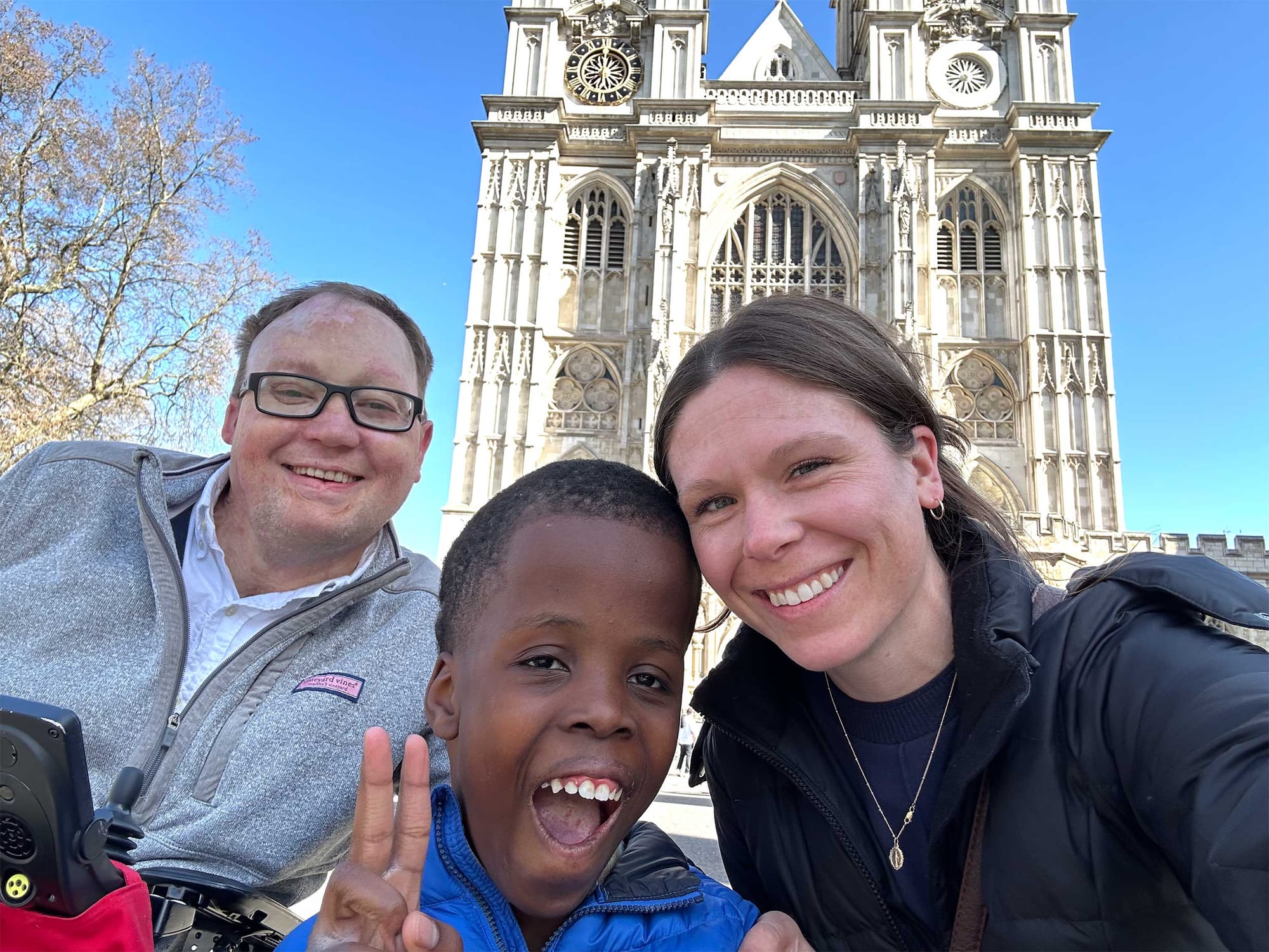 John, Stevie and Robert in front of Westminster Cathedral in London, England.