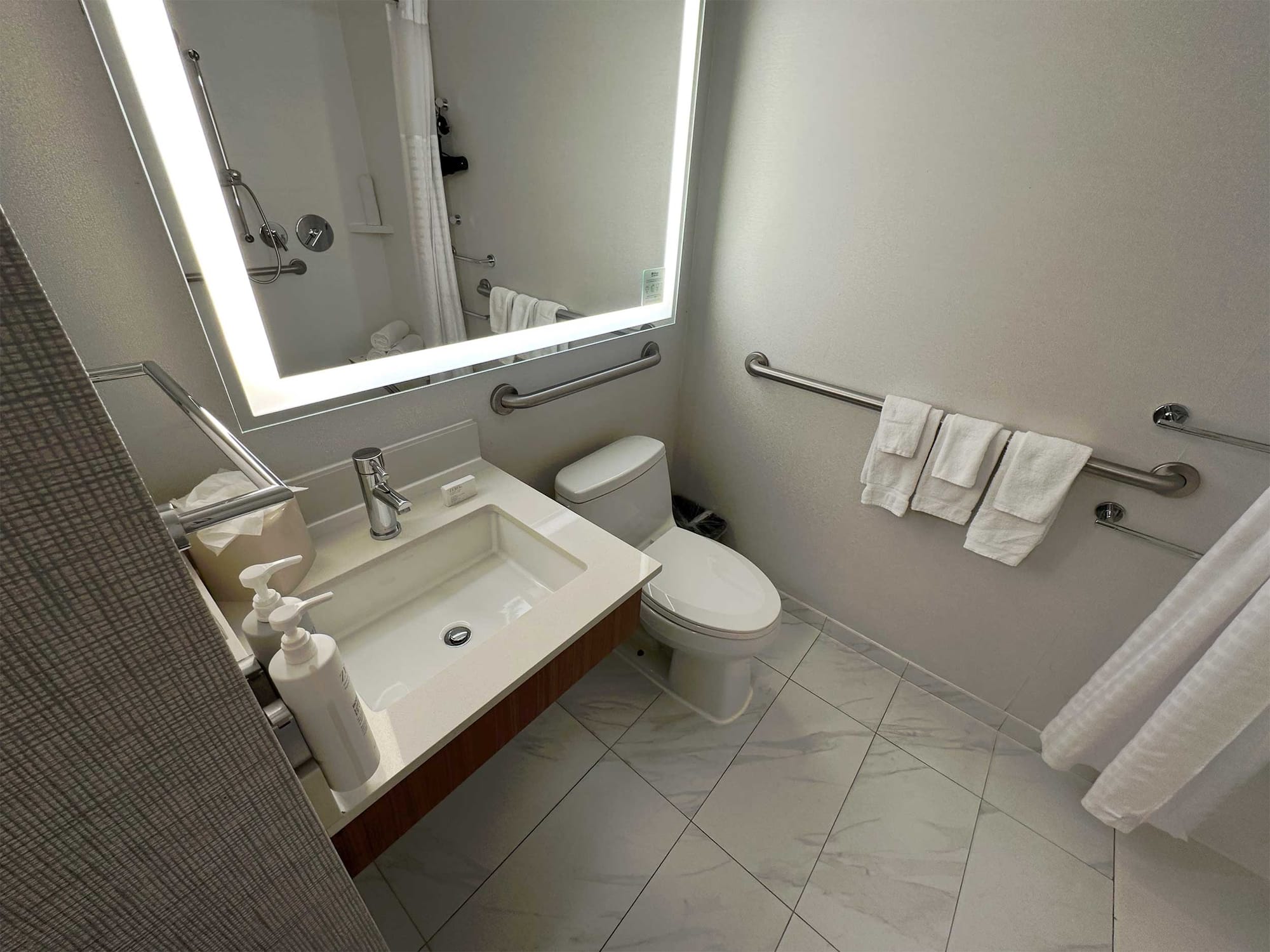 Toilet with grab bars and roll under sink.