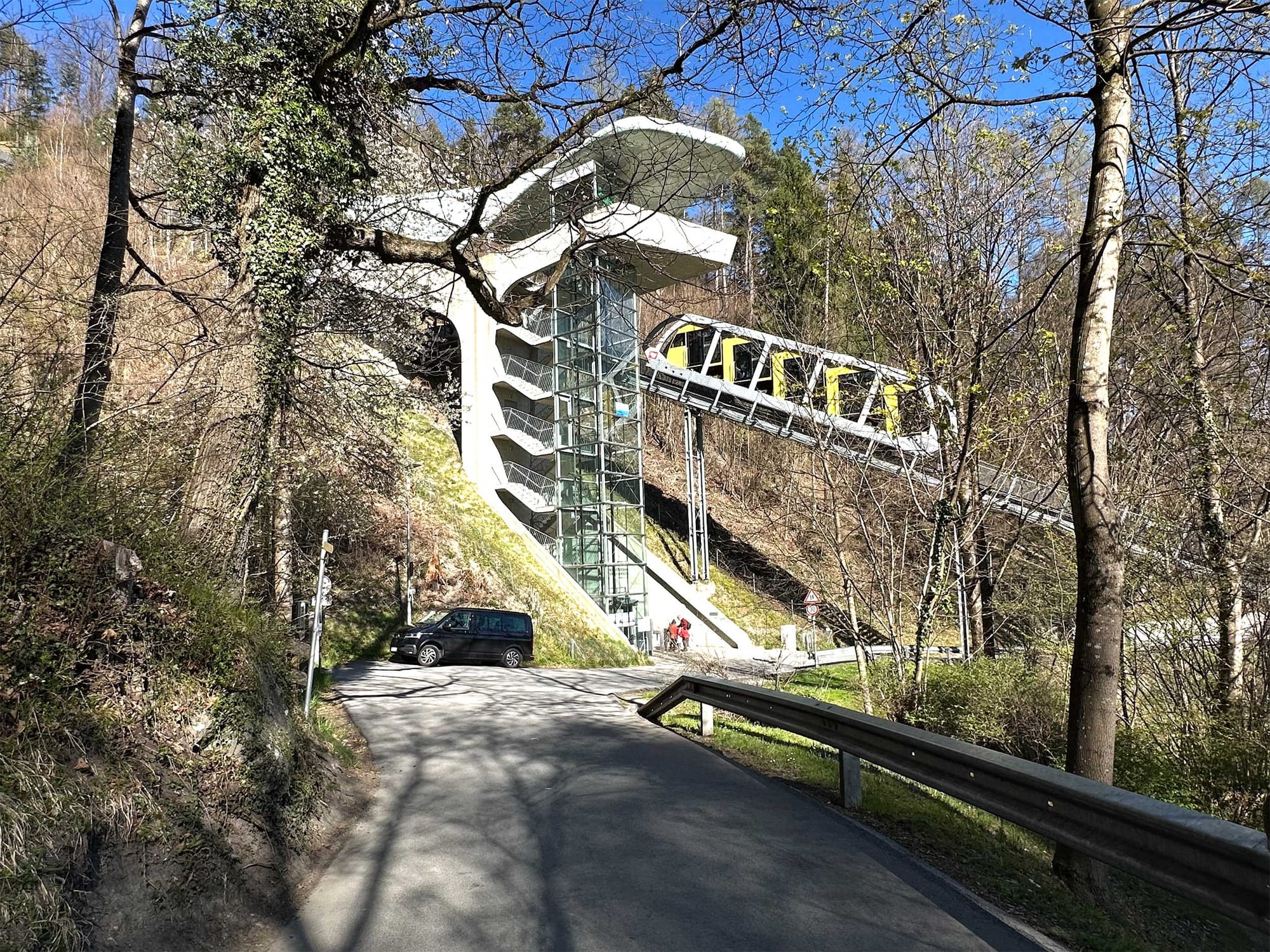 Funicular moving up track in the distance.