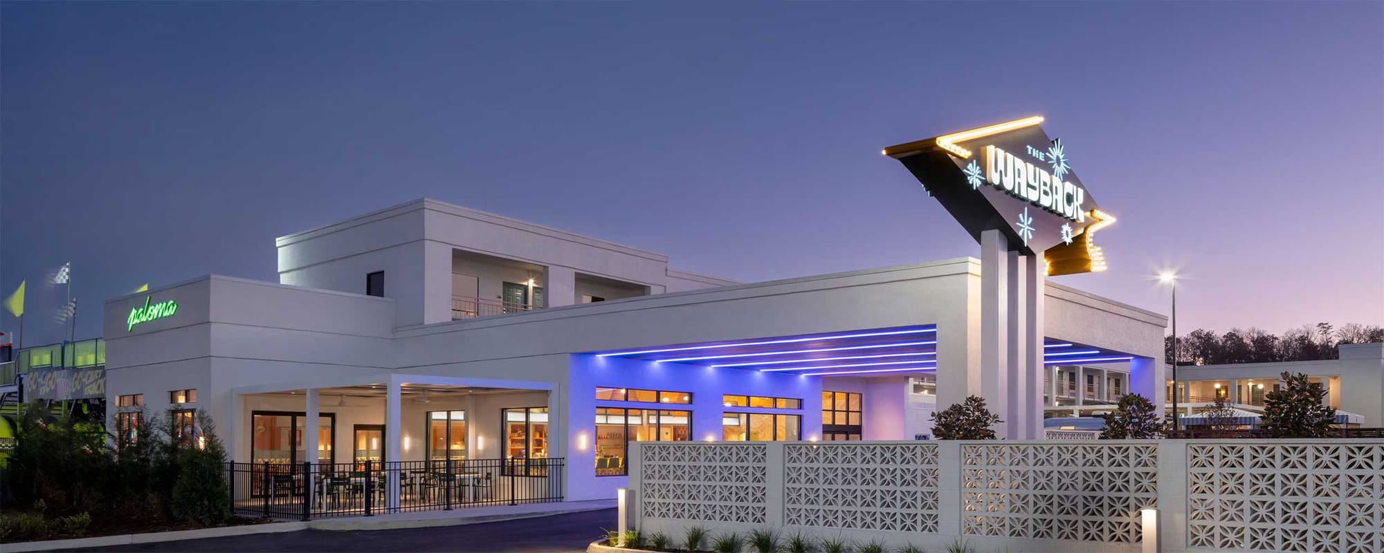 Exterior of retro-themed motel.