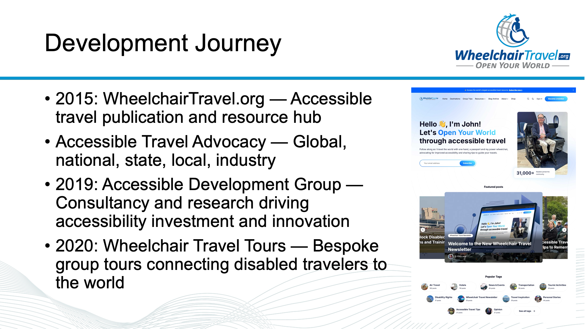 Slide titled Development Journey, with screenshot of the Wheelchair Travel website.