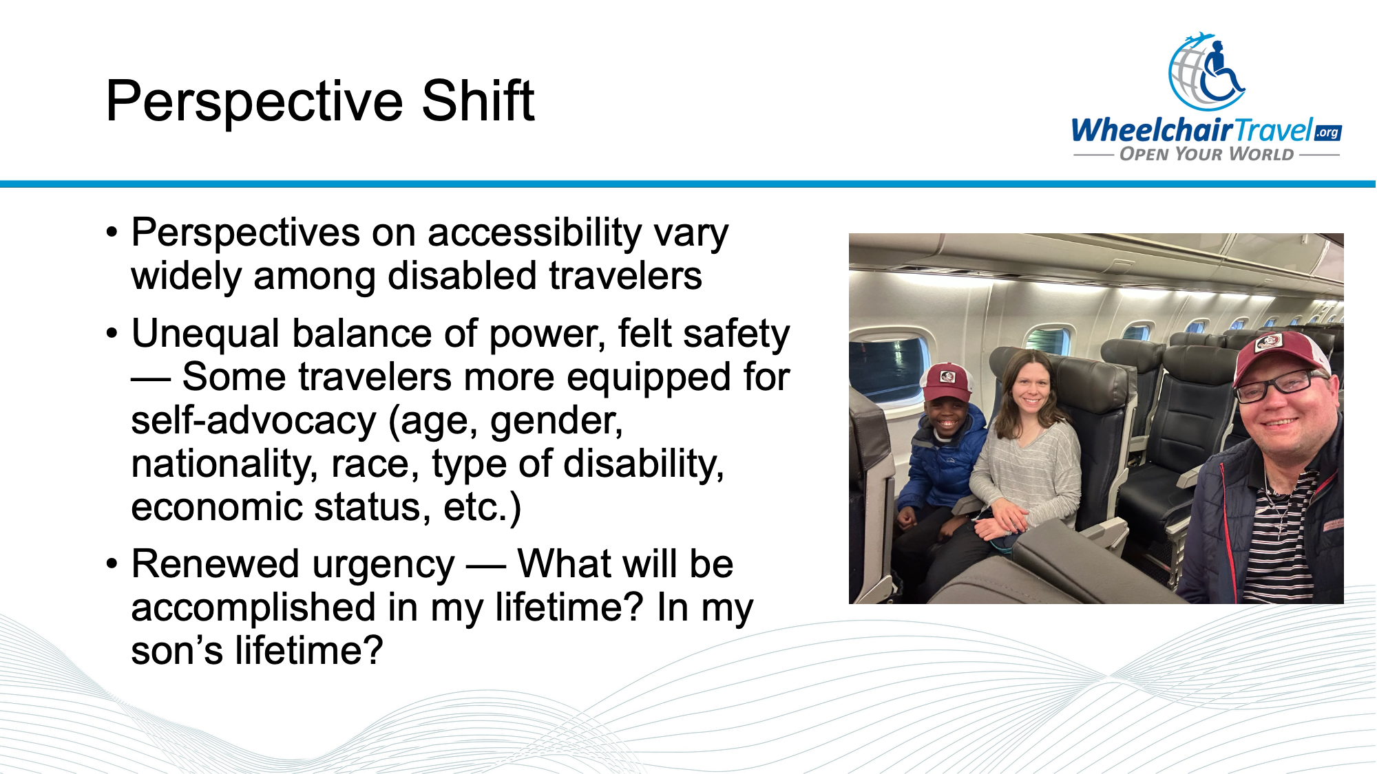 Slide titled Perspective Shift with picture of John, Stevie and Robert seated on an airplane.