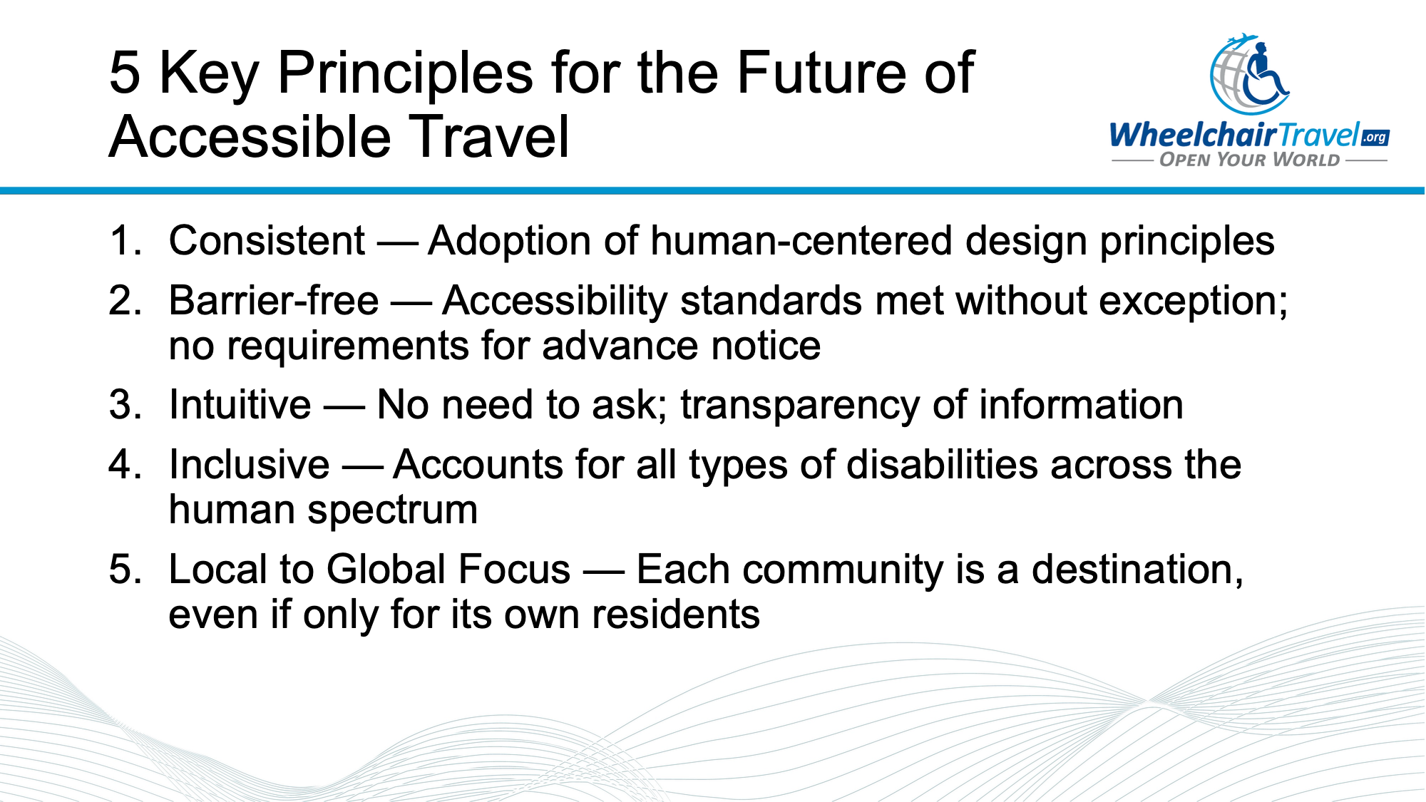 Slide titled 5 Key Principles for the Future of Accessible Travel.