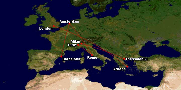 Map of flight routes across Europe.