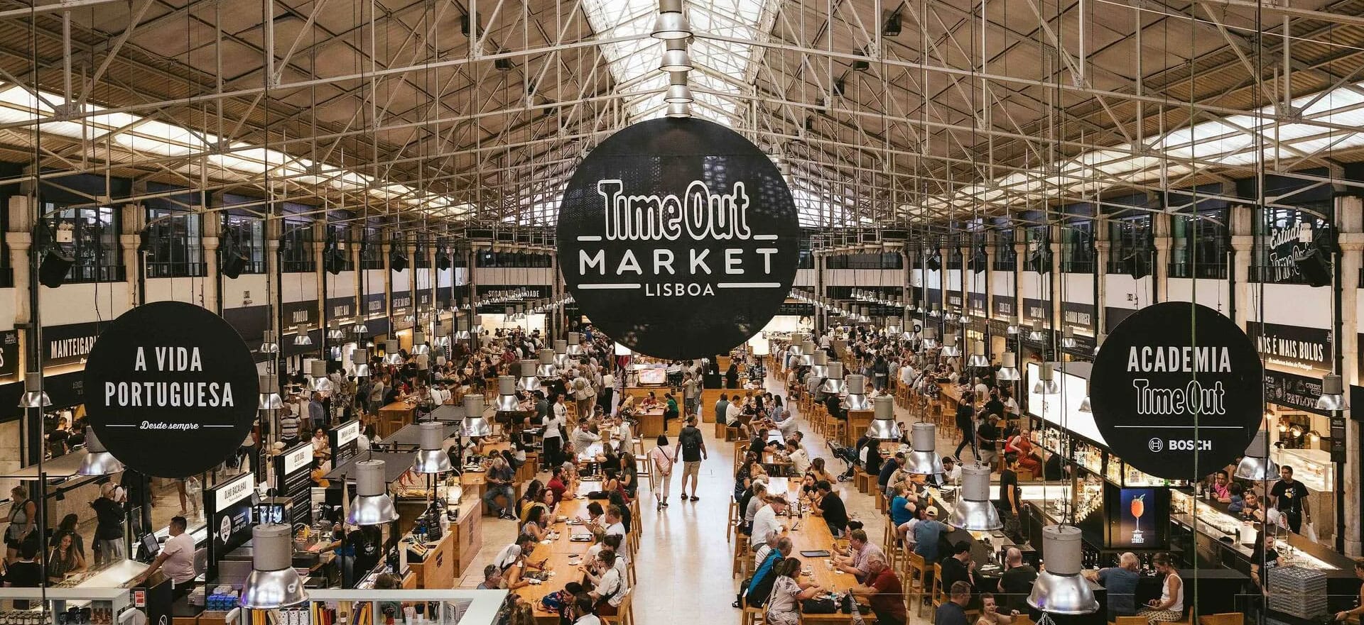 Aerial view of a large marketplace with restaurant vendors.