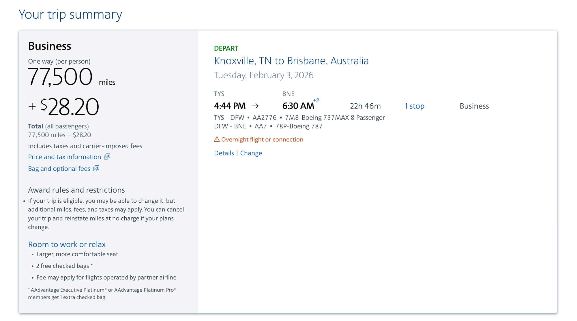 Screenshot of American Airlines flight itinerary from Knoxville to Brisbane.