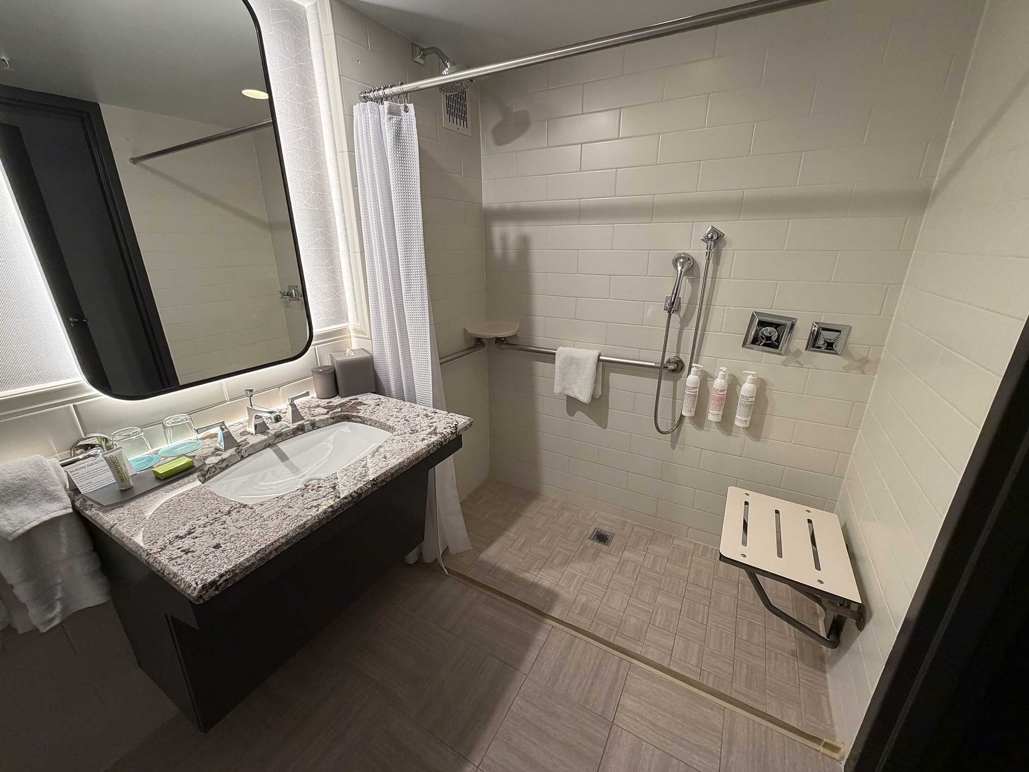 Bathroom sink and roll-in shower.