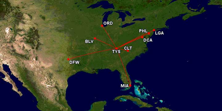 Knoxville flight route map.
