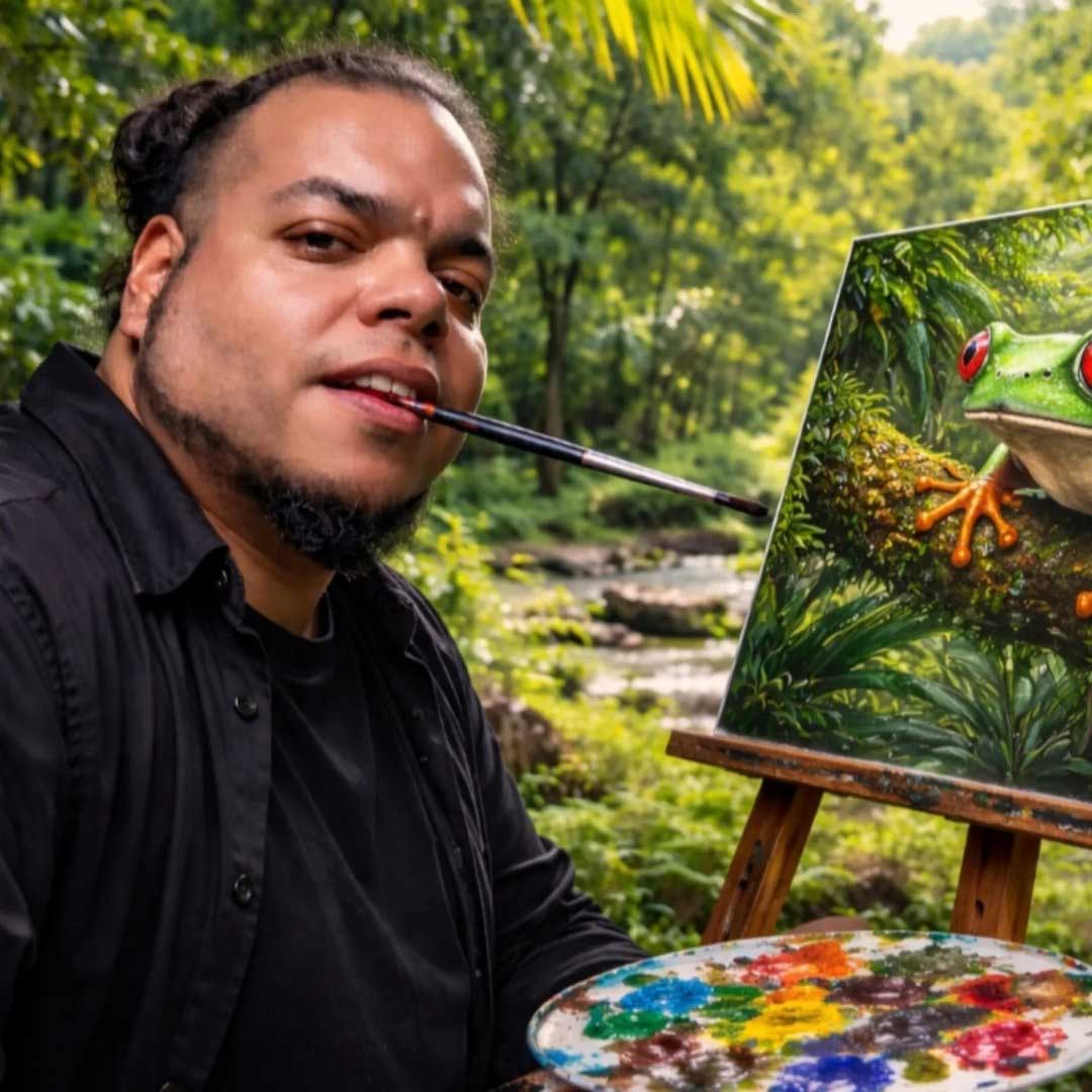 Mouth painter pictured with a painting of a frog.