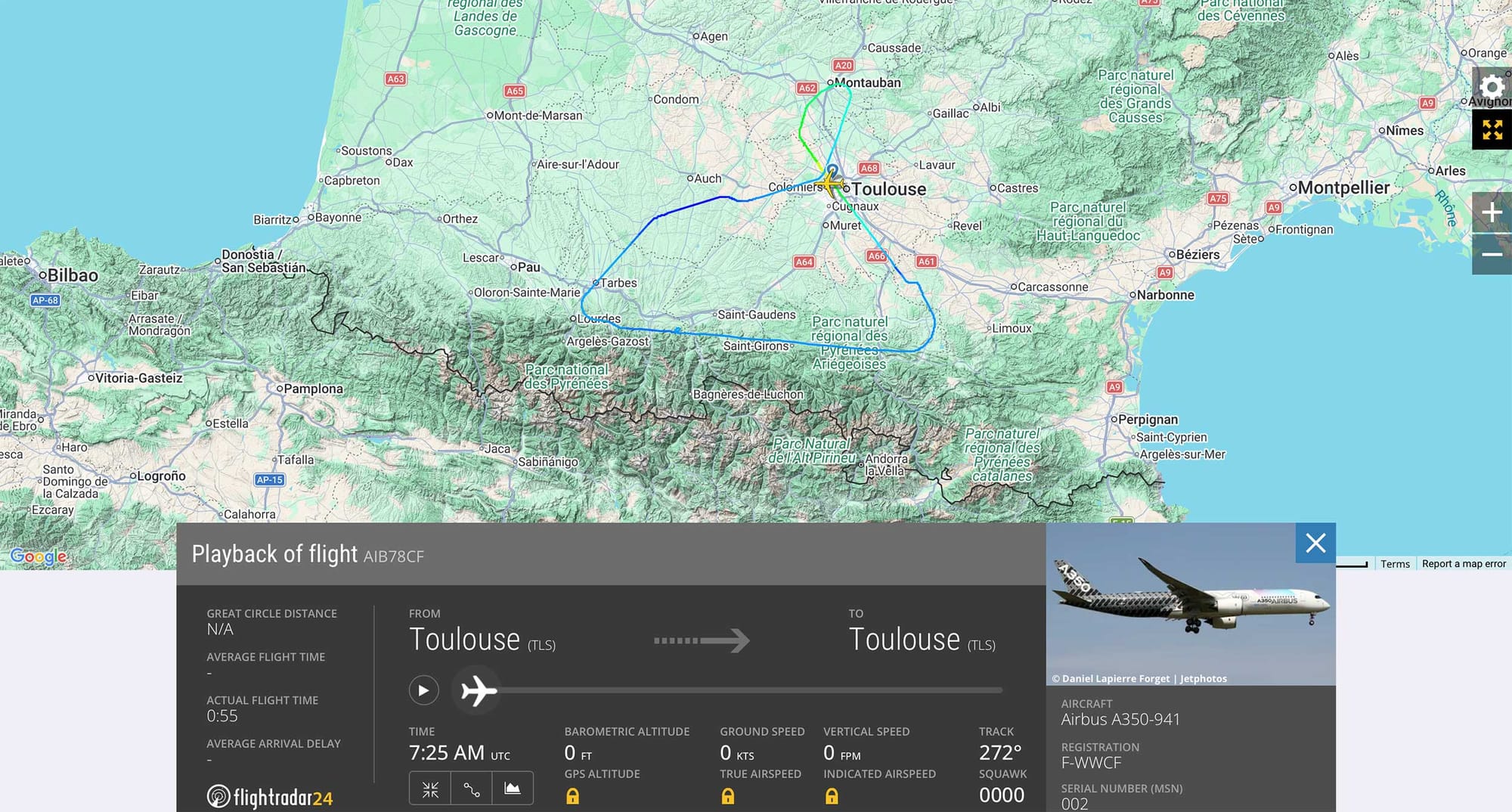 Route map of Airbus test flight.