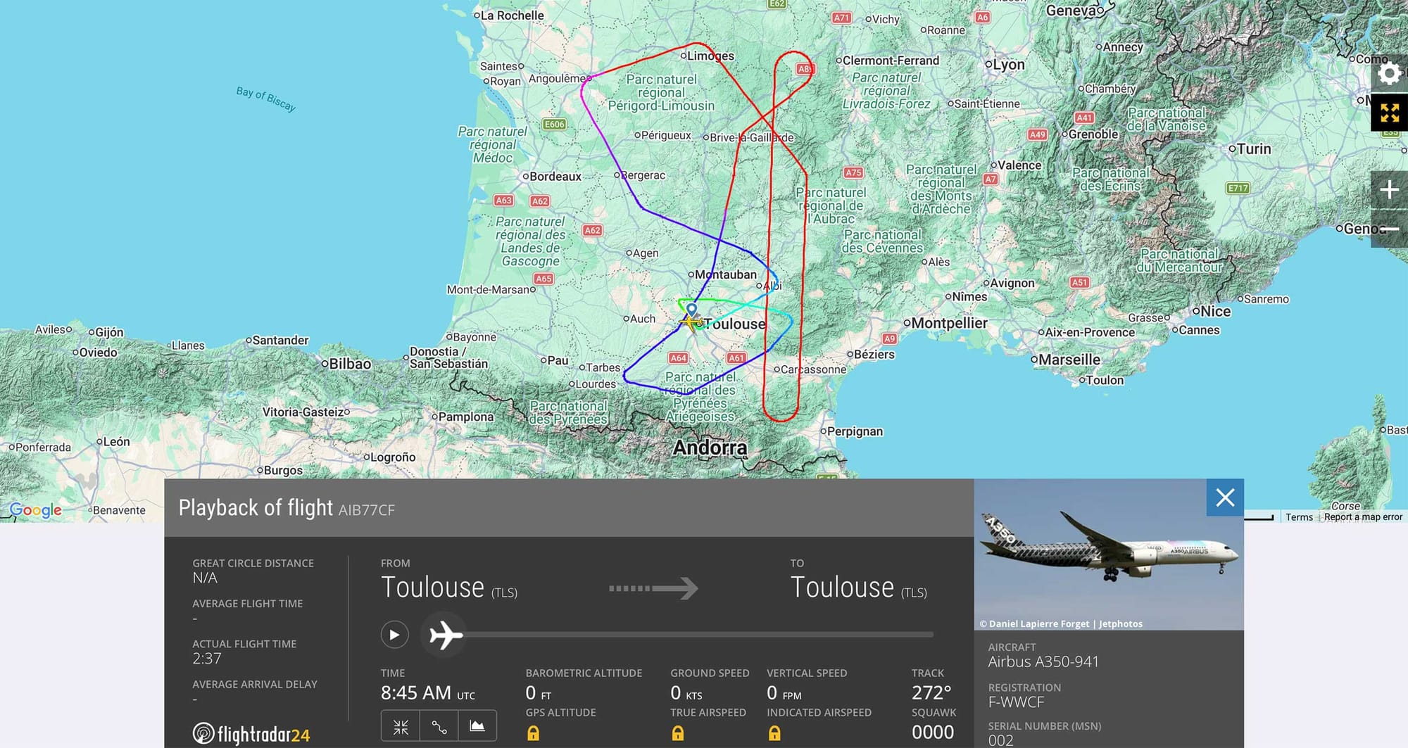 Route map of Airbus test flight.