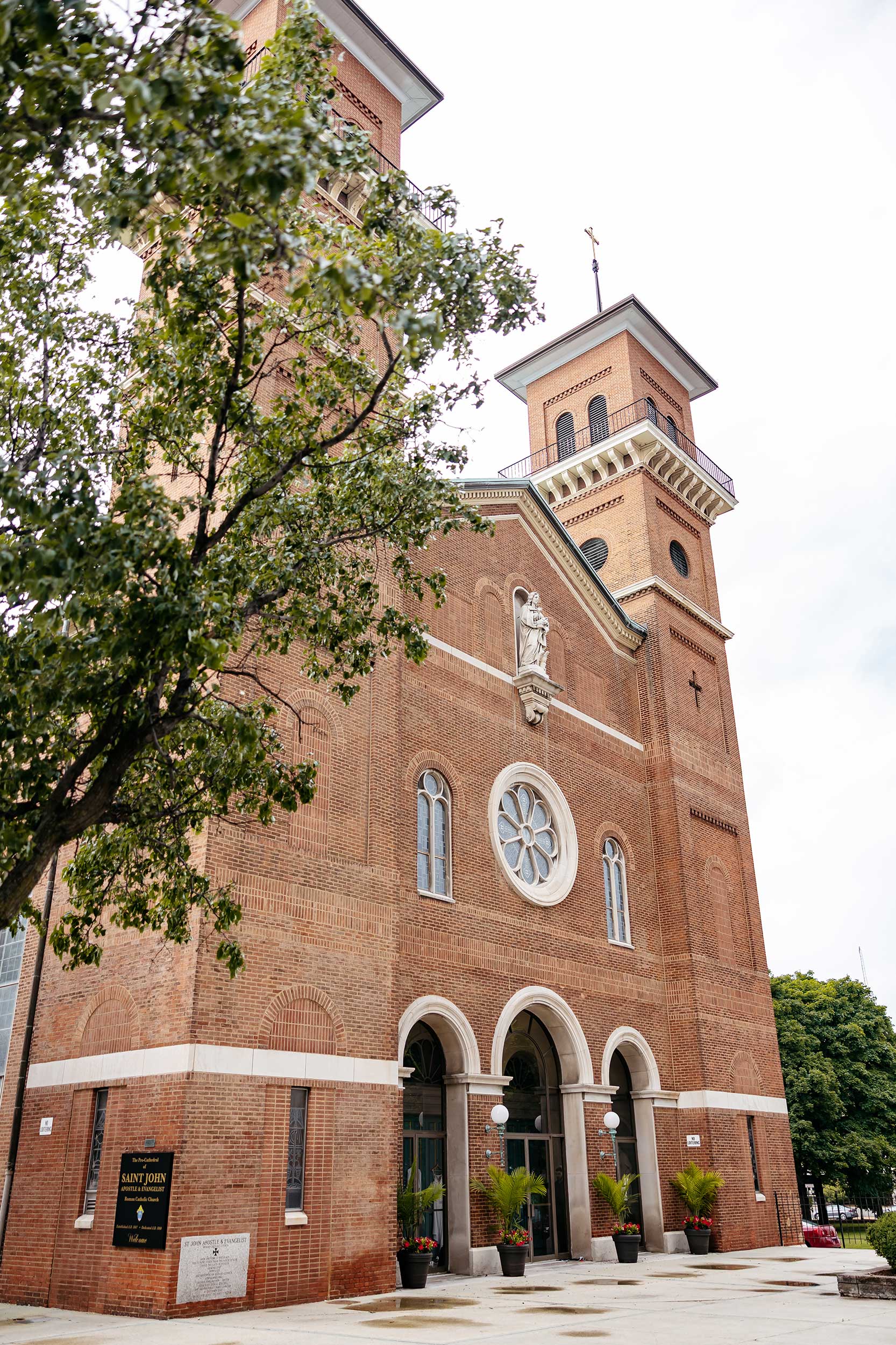 Exterior of church with two bell towers.