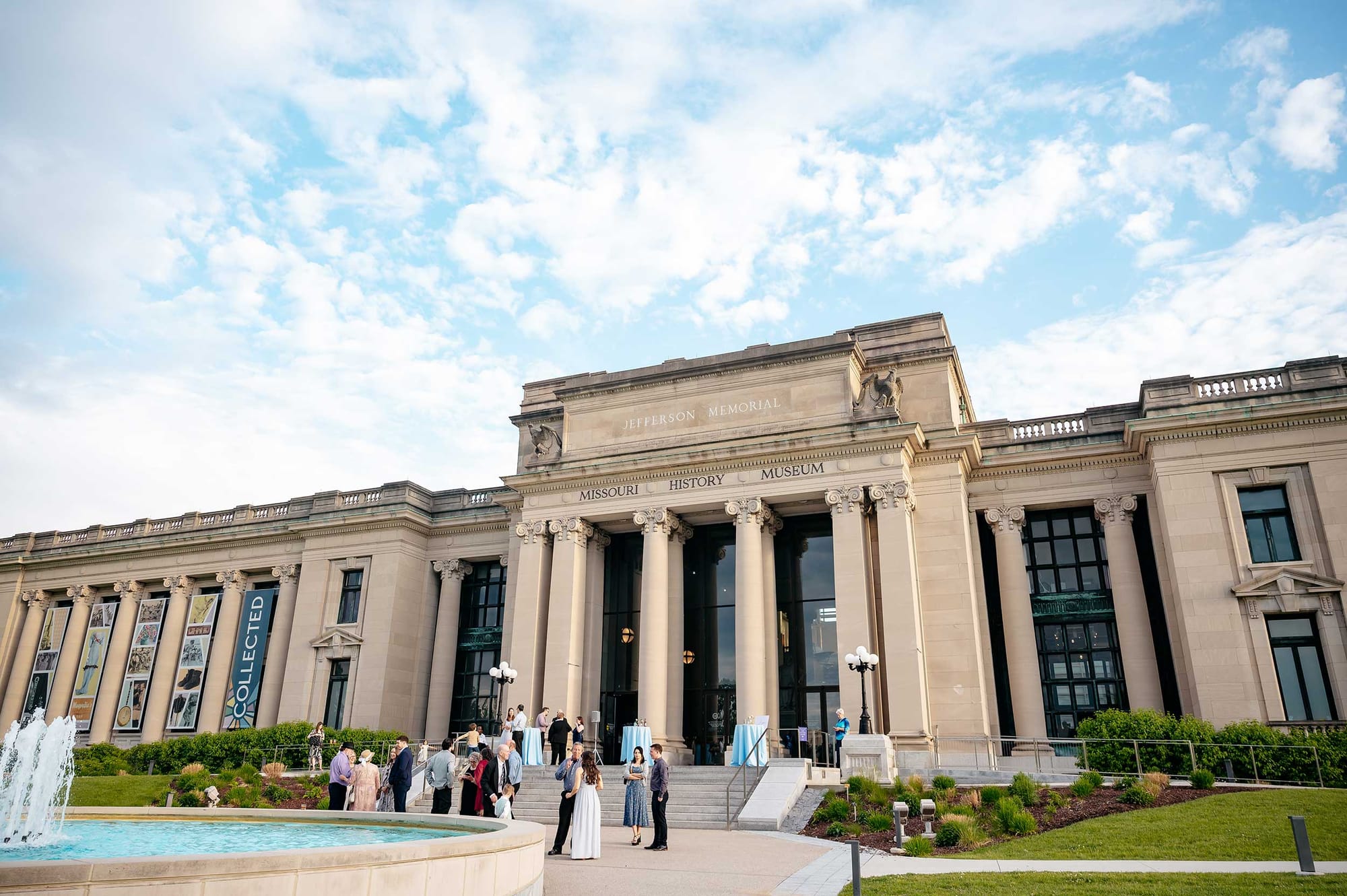 Exterior of the Missouri History Museum with fountain.