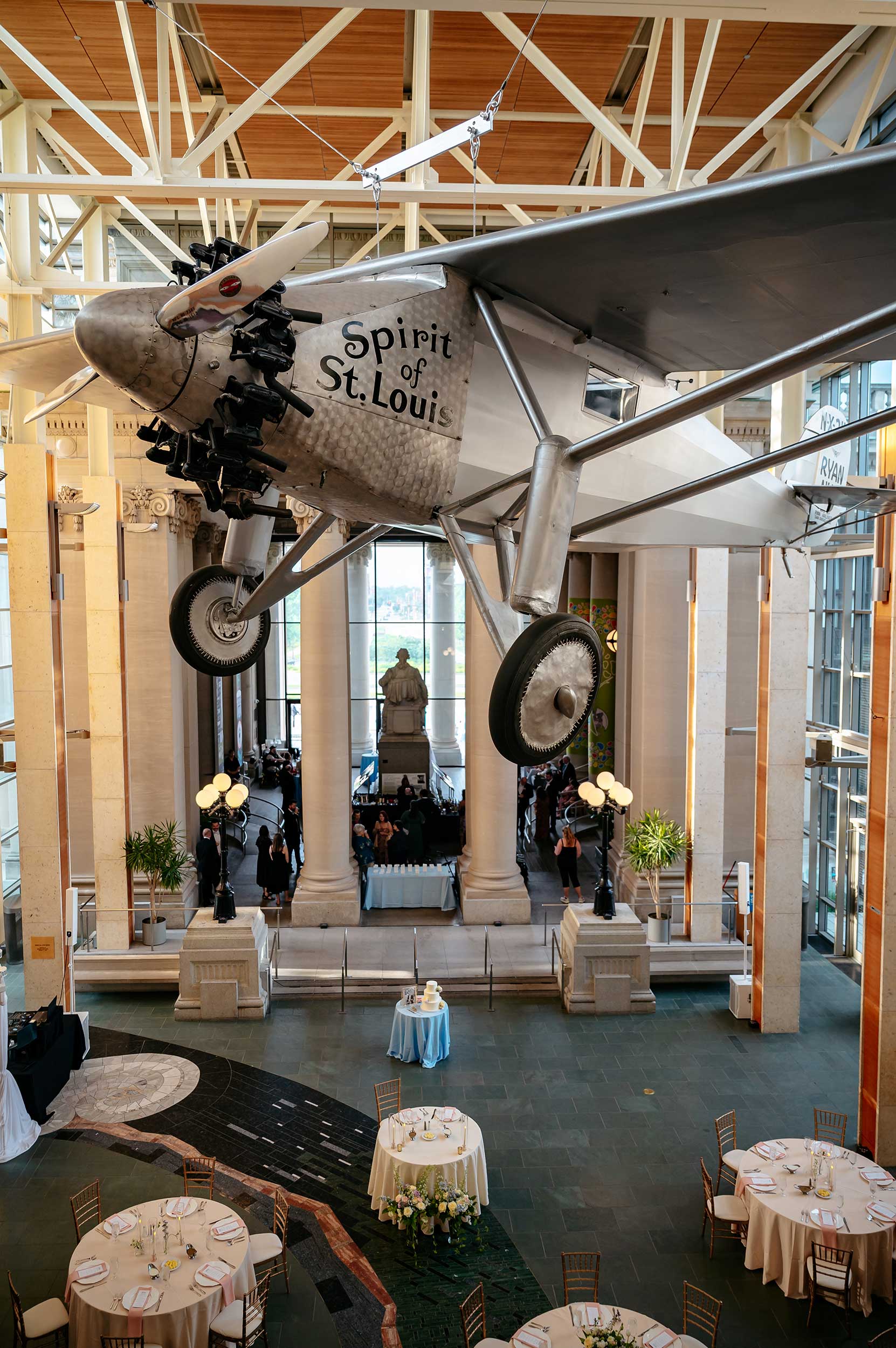 Replica of the Spirit of St. Louis suspended from the ceiling at the history museum.