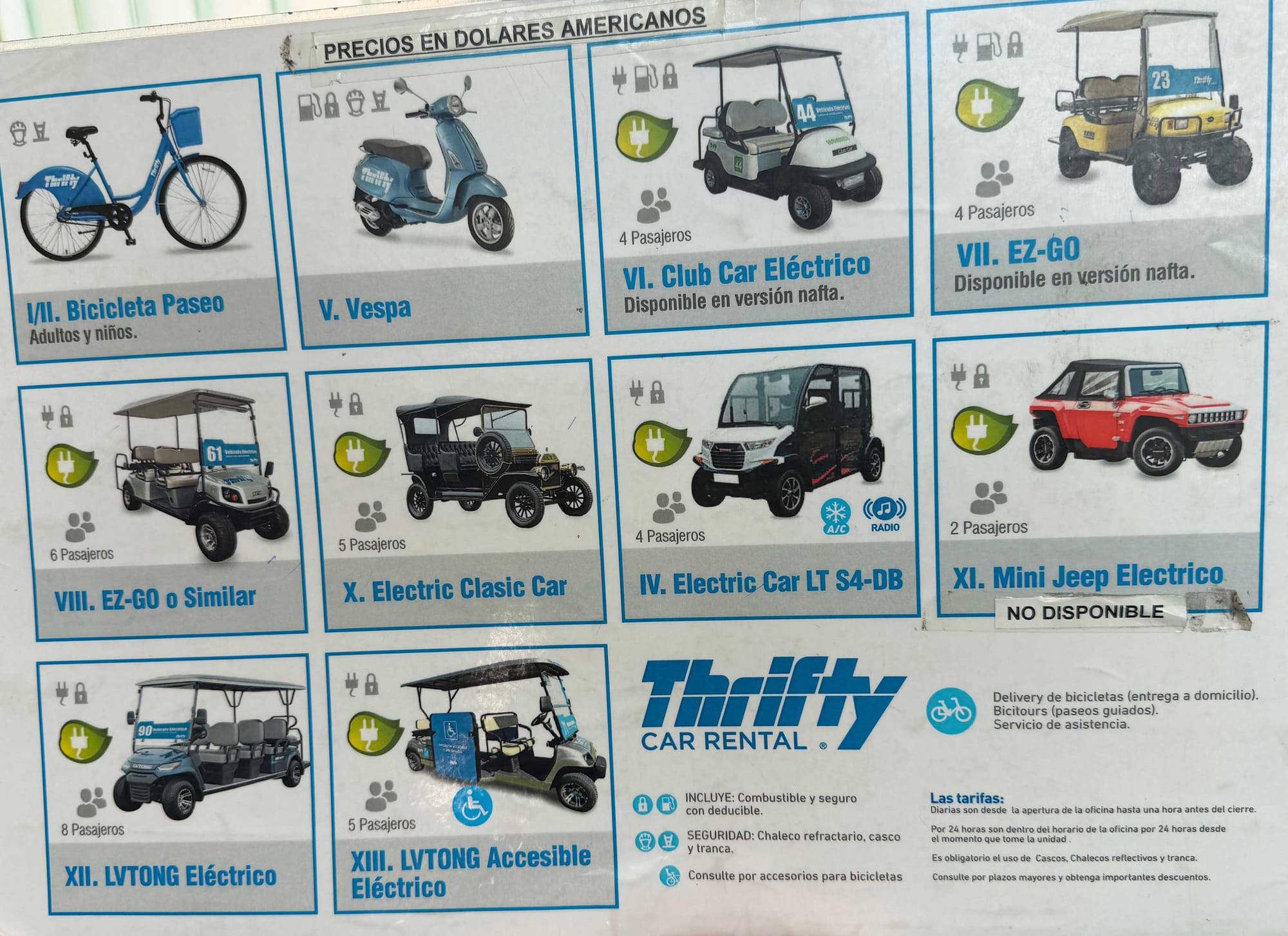 A paper showing the types of vehicles available for rent from Thrifty, including a wheelchair accessible golf cart.